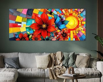 Abstract sunrise - Radiant sun and vibrant flowers in a mosaic of luminous glass shards by AidasignArt