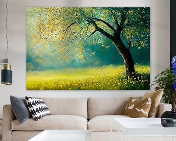 Boom Bloemen | Boom in Bloei met Geel Bloemenveld van Kunst Kriebels