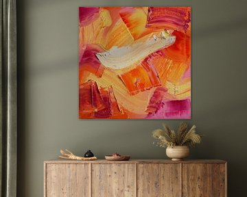 Abstract olieverfschilderij, Oranje, Geel, Wit, Roze, Paars  van Joriali Abstract