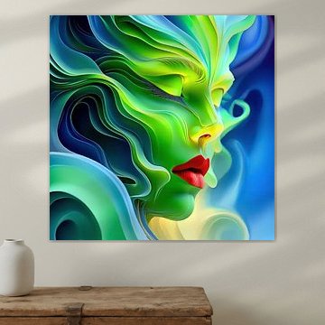 Das erwachende Mysterium einer Frau – Ein grünes Antlitz in gefächerten Wellen, mit rotem Mund und blauer Aura