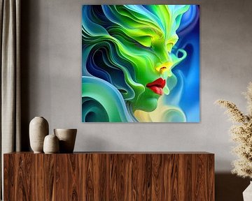 Het ontwakende mysterie van een vrouw - Een groen gezicht in uitwaaierende golven, met een rode mond en blauwe aura