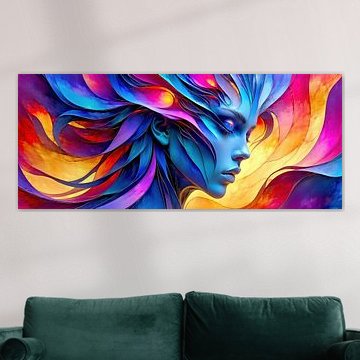 Abstraktion der Elemente – Das geheimnisvolle Antlitz einer ätherischen Frau, umgeben von wellenförmigen Fächern aus Blau, Lila und Orange, in zeitloser Gelassenheit von AidasignArt