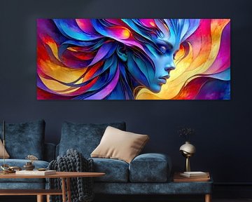 Abstractie van de elementen - Het mysterieuze gezicht van een etherische vrouw, omringd door golvende waaiers van blauw, paars en oranje, in tijdloze sereniteit
