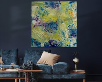 Abstract oil painting, yellow, blue, vibrant purple, fresh green by BowiScapes abstract and digital art