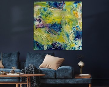 Abstract olieverf schilderij, geel, blauw, levendig paars, fris groen van BowiScapes abstract en digitale kunst