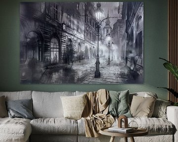Tekening van een sfeervolle stad,  Monochroom, grijs en zwart van Peter Pen tekeningen en schilderijen