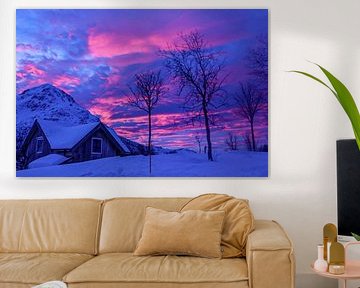 Roze zonsopkomst in winterwonderland