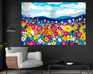 Kleurrijk bloemenveld met blauwe lucht van Art & Soul Creations