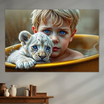 Enfant avec lionceau dans une baignoire dorée