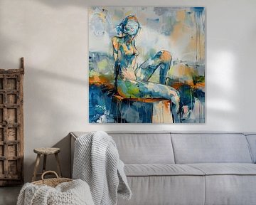 Vrouw en Blauwe Kleuren | Vrouw in Ontspannen Houding met Kleuren van Kunst Kriebels