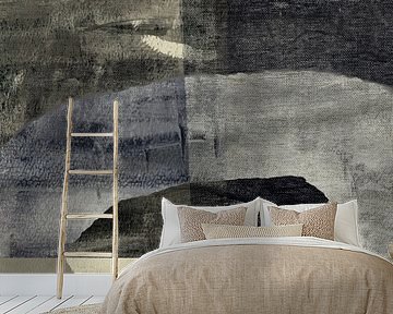 Brutalistischer Stil, abstrakte Formen in dunklen, neutralen Farben.