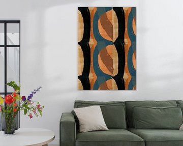 Retropatroon in blauw, zwart, oranje en bruin op linnen. van Dina Dankers
