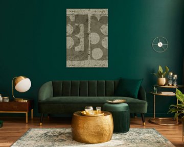 Brutalistische retro abstracte vormen in olijfgroen op linnen I. van Dina Dankers