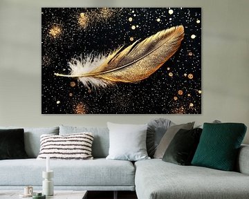 Golden feather on black background by Art & Soul Creations