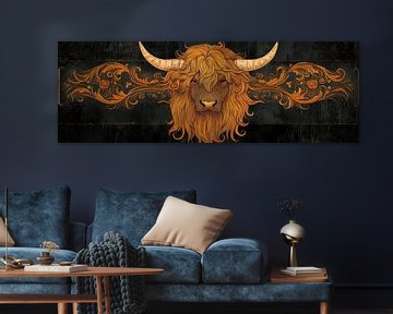 Highland Koe Portret - Stoere Wanddecoratie Panorama van Digitale Schilderijen