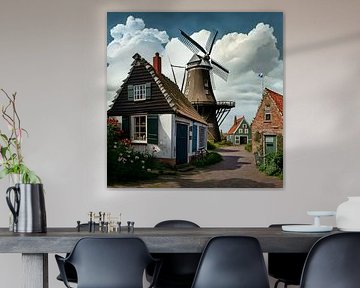 Nederland dorp windmolen kleine huizen architectuur