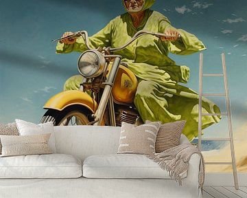 Motorrad Strand ältere Dame grünes Kleid Bewegung Coolness