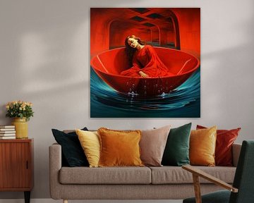 Surrealisme portret vrouw slapend rode jurk bad van gm_designs