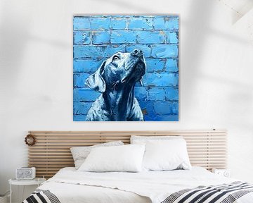 hond blauwe baksteen muurkunst stedelijke textuur melancholie