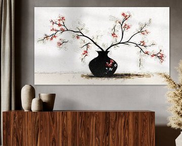 A still life black vase with red blossom branches japandi . by J.a Dijkstra