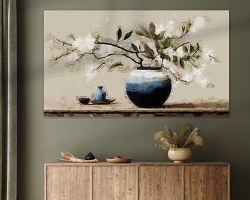 A still life of a vase with white green blossom branches . by J.a Dijkstra