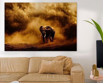 Dramatic elephant in cloud of dust by Art & Soul Creations