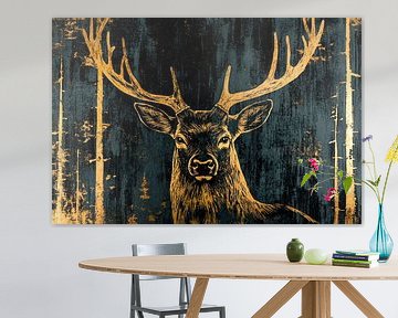 Golden stag with forest background by Art & Soul Creations