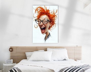 Caricature of a laughing woman with red hair by Frank Heinz