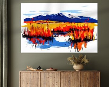 Colourful landscape with mountains and water by Frank Heinz