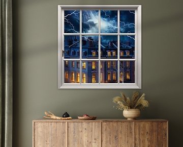 Stadsraam nacht bliksem verlicht raam contrast warmte van gm_designs