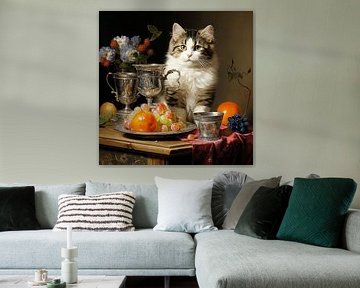 Stilleven Kat Fruit Zilver Bloemen Vlaamse Barok Elegantie