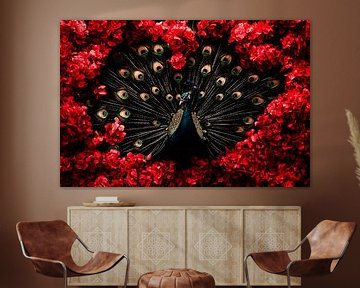 Pauw met levendige rode bloemen van Art & Soul Creations