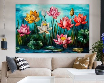Colourful lotus flowers in pond by Imperial Art House