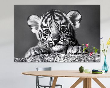Cute tiger cub black-and-white portrait by Imperial Art House