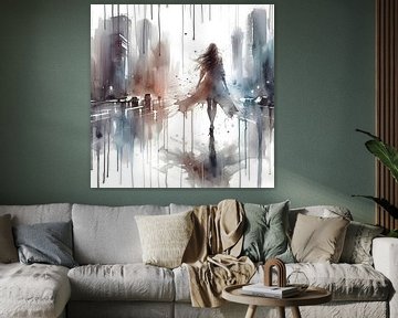 Aquarel Vrouw in de stad van Jessica Berendsen