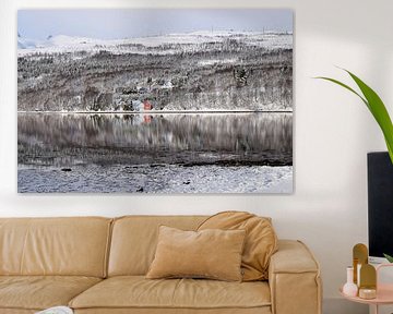 Red wooden cottage by fjord with snow-capped mountains in the background by Studio LE-gals