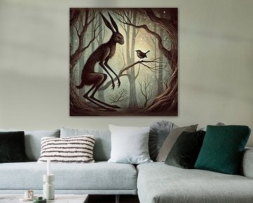 Haas en vogel in het bos van Marijke Trienekens