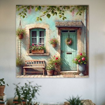 Französischer Dorfgarten mit türkisfarbener Tür