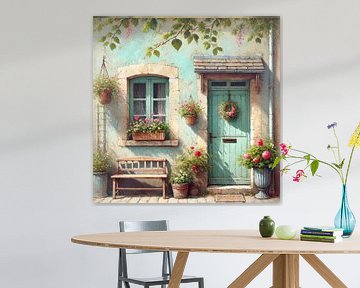 French village garden with turquoise door by Marijke Trienekens