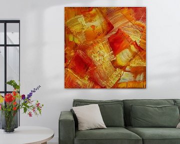 Abstract olieverf schilderij,  rood, oranje, geel en goud van BowiScapes abstract en digitale kunst