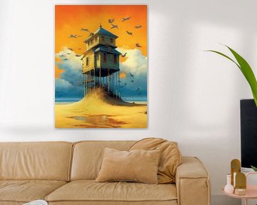 surrealisme huis stelten strand vogels visioen droom wereld kunst
