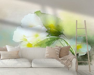 Dromerig schilderij van een Witte Sleutelbloem van Studio Pieternel