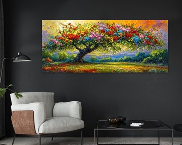 Levensboom in het kleurenspel van de avondzon - een dromerig panoramisch landschap vol bloemen en levende natuur van AidasignArt