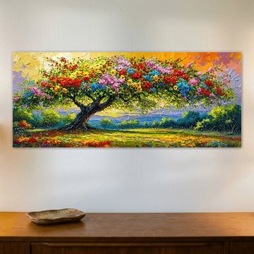 Baum des Lebens – Im Farbenspiel der Abendsonne – Eine traumhafte Panorama-Landschaft, ein Lebensbaum voller Blütenpracht und lebendiger Natur