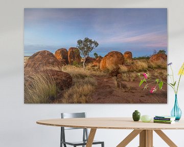 Sentinels of the Outback - Iconic Devil's Marbles with ghost gum tree in the middle by Joyce van Dijk Fotografie - fotografiekunst vanuit m'n