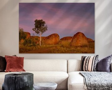 Lone ghost Gumtree against pink purple evening sky in the Devil's Marbles Nature Reserve by Joyce van Dijk Fotografie - fotografiekunst vanuit m'n