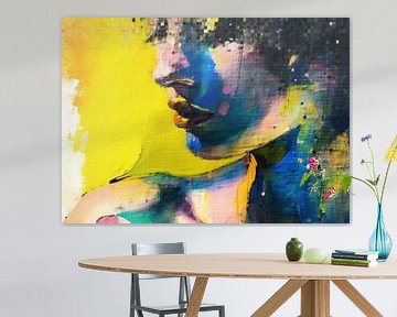 Woman Yellow | Abstract Female portrait with Blue by Wonderful Art