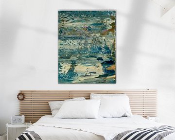 Abstraktes Ölgemälde, blau, grün, weiß, lila und braun 