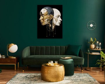 Futuristic couple portrait duality gold mechanics AI