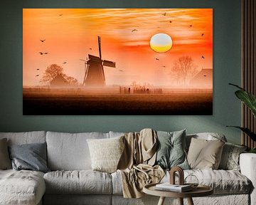 Zonsopkomst met molen, Lollum, Friesland. van Jaap Bosma Fotografie